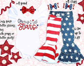 4th of July Outfit, patriotic  Girls American flag Denim kid Pants