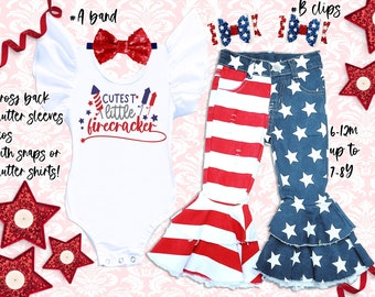 1st 4th of July Outfit: Denim Pants Set, Flutter Sleeve Leotard