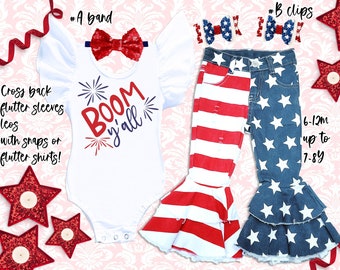 4th of July Girl outfit: Denim Pants Set, Patriotic Birthday