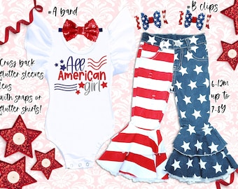 Girls 4th of July Outfit: Denim Flag Pants Set