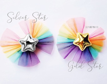 Rainbow Glitter Star Bow Clip: Metallic Alligator Clip