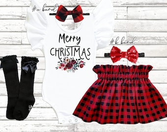 Plaid Christmas Outfit, Buffalo Skirt Set, Baby Girl Holiday Dress