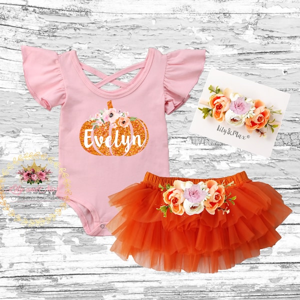 Personalized baby girls pumpkin outfit, Pumpkin birthday girls outfit, Halloween girls costume, Pumpkin girls smash cake outfit, pumpkin