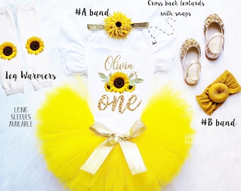 Sunflower Birthday Outfit, Sunflower headband, Sunflower personalized tutu set, 1st birthday girls outfit set, Sunflower Girls Costume