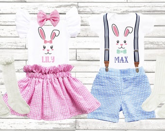 Easter outfit, Easter twins seersucker outfit 1st Easter girls boys outfit 1st Easter girls outfit bunny birthday outfit bunny leotard