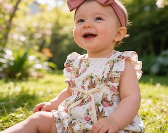 Brown Bunny Romper Set, First Easter Outfit, Pink messy Bow, Nylon Band