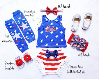 4th of July Baby Outfit: Pom Pom Short Set, Patriotic Girl Costume
