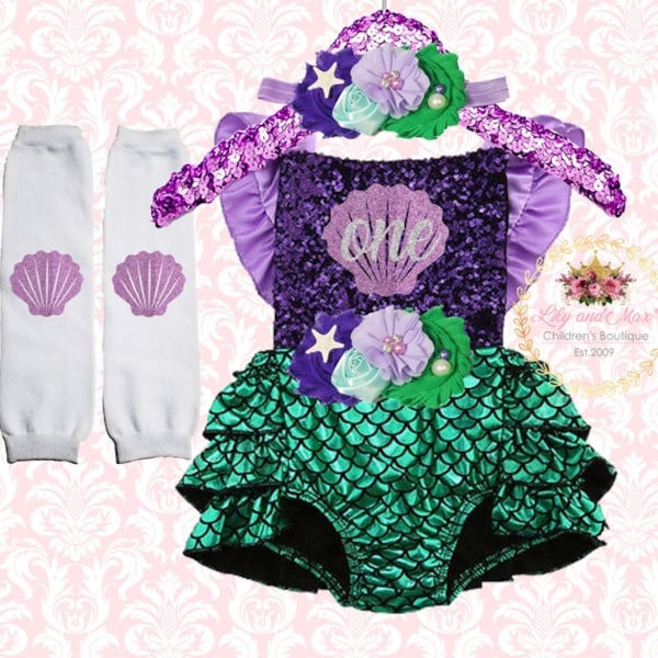 Mermaid Birthday Outfit, Mermaid headband, Mermaid Birthday romper set, Mermaid Romper, Starfish mermaid set, Mermaid Girls Costume