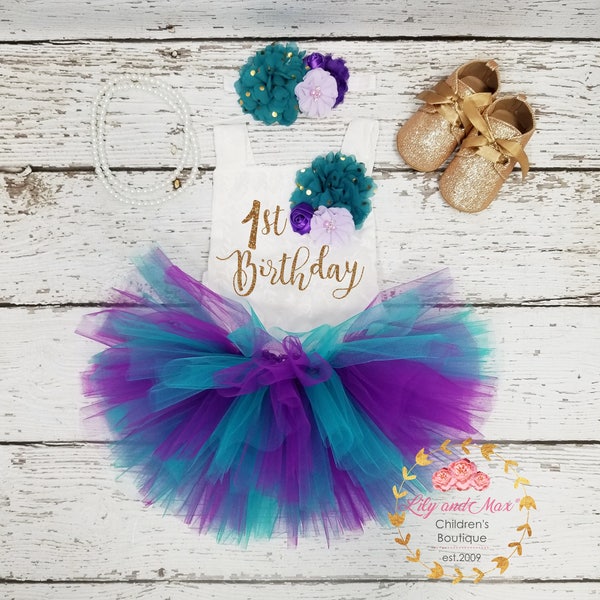 Mermaid 1st Birthday Outfit: Tutu Romper Set with Gold Glitter