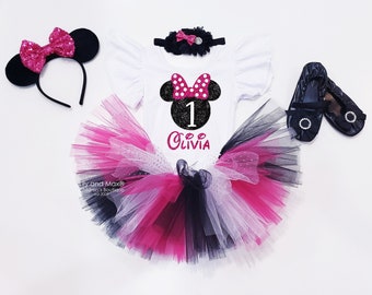 Conjunto de cumpleaños de ratón: Conjunto de tutú rosa y negro con diadema de orejas.