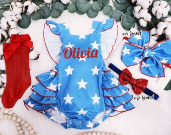 4th of July girl Outfit Patriotic girls star romper personalized 1st 4th of July romper Patriotic girls smash cake outfit