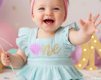 Mermaid Birthday Romper Set: pink lavender aqua Ruffle, Starfish Headband seashell one or two