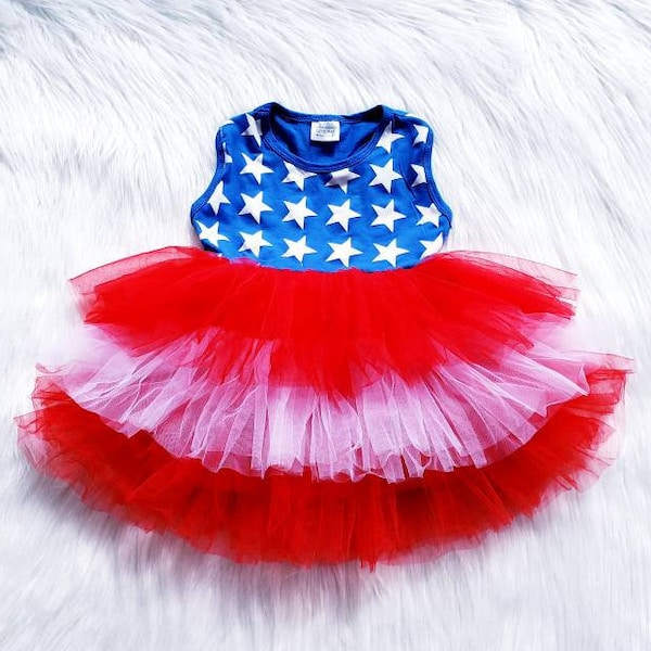 4th of July dress, Patriotic racer back 1st birthday star dress, patriotic stars American flag fluffy tutu girl dress, 3mo-8Y