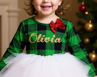 Robe tutu verte de Noël à carreaux : tenue de Noël pour bébé fille