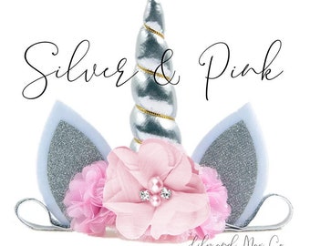 Unicorn headband, pink and silver glitter unicorn headband, unicorn party headband, silver glitter elastic unicorn headband