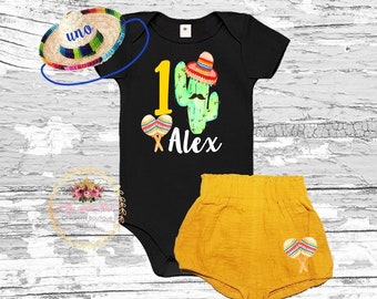Fiesta 1st Birthday Boy Outfit: Cactus Bodysuit & Bubble Shorts