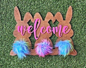 Personalized Easter Bunny Welcome Sign: Wooden Door Hanger