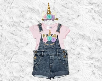 Unicorn Birthday Outfit, Unicorn headband, Unicorn denim overall set, Rainbow unicorn birthday denim outfit set, Unicorn denim Girls Costume