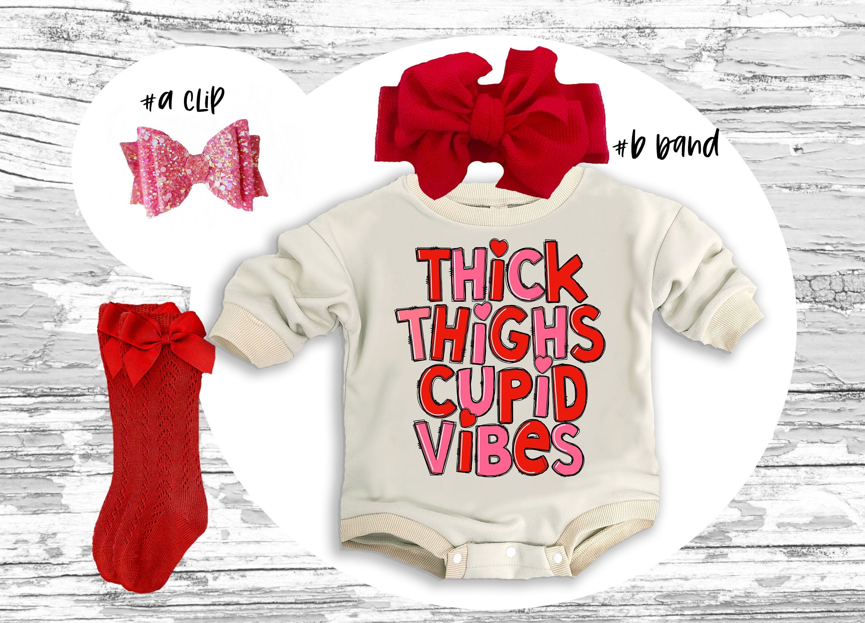Valentines Baby Outfit: Cupid Vibes Romper, Bow Clip, Headband & Socks