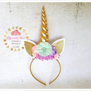 Unicorn headband, pastel colors and gold unicorn headband, unicorn party headband, gold glitter elastic unicorn headband image 9