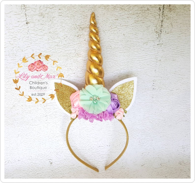 Unicorn headband, pastel colors and gold unicorn headband, unicorn party headband, gold glitter elastic unicorn headband image 9