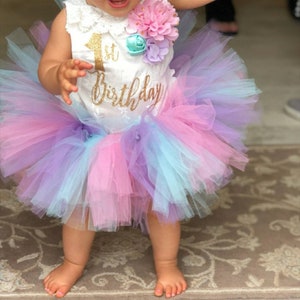 1st Birthday girl Outfit, pink aqua lavender birthday tutu, 1st birthday Romper, pastel birthday set, 1st birthday unicorn smash cake outfit image 4