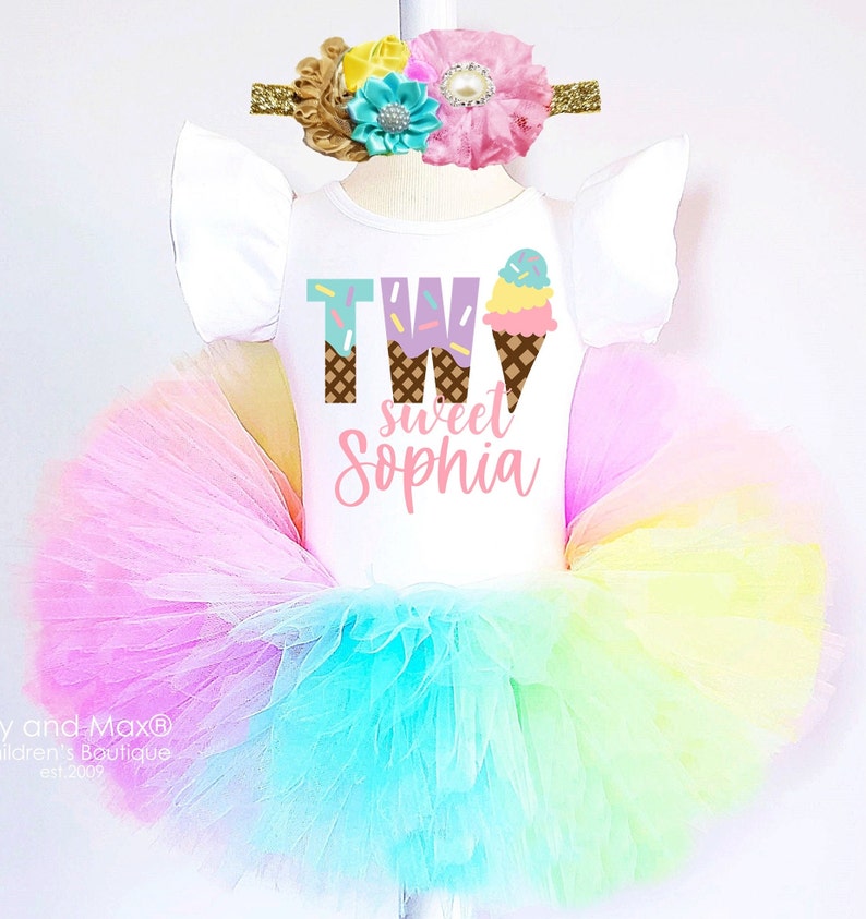 Ice Cream Two Sweet 2nd Birthday Outfit: Rainbow Tutu, Leotard & Headband zdjęcie 2
