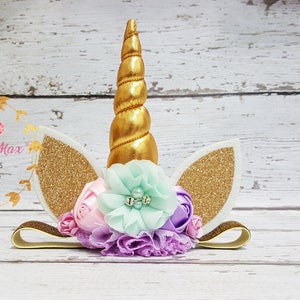 Unicorn headband, pastel colors and gold unicorn headband, unicorn party headband, gold glitter elastic unicorn headband image 3