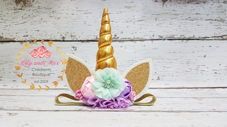 Unicorn headband, pastel colors and gold unicorn headband, unicorn party headband, gold glitter elastic unicorn headband image 3