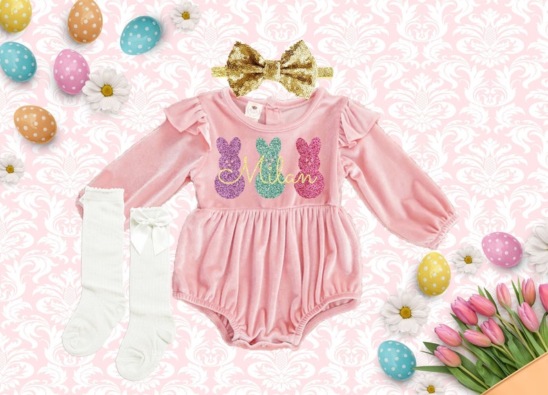 Easter Velvet Girl Outfit Monogrammed Romper 1st Easter Baby Etsy