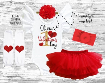 1st Valentine's day girls outfit, first Valentines girls tutu bloomer outfit,Valentine's Day girls smash cake outfit, flutter sleeve leotard