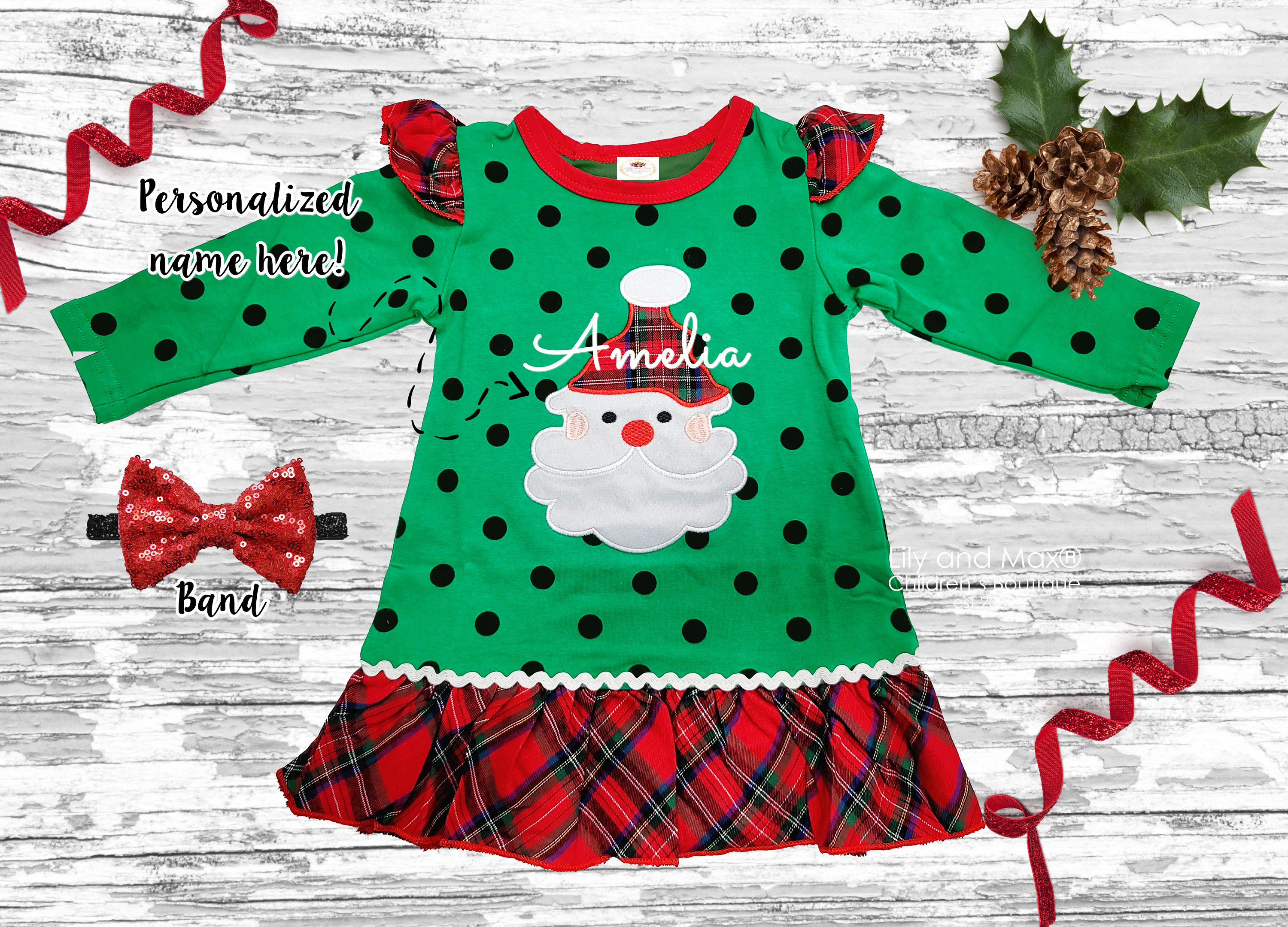 Personalized Christmas Baby Dress: Santa Outfit With Sequin Bow - Etsy