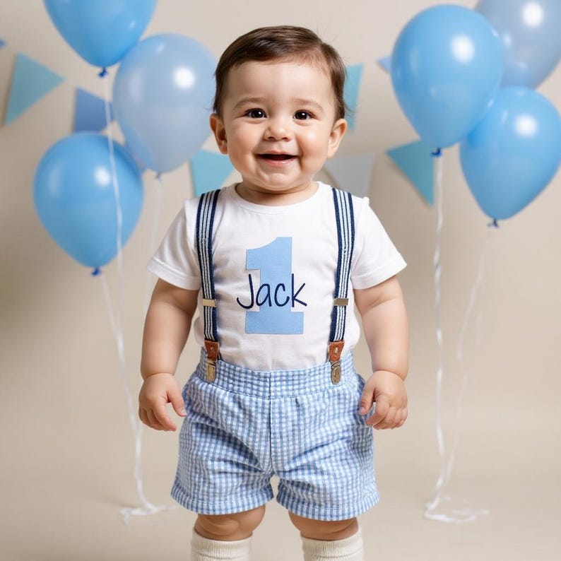 1st Birthday Boy Outfit: Seersucker Shorts, Bodysuit & Suspenders image 10