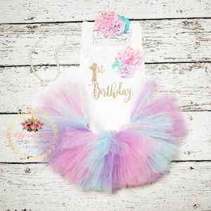 1st Birthday girl Outfit, pink aqua lavender birthday tutu, 1st birthday Romper, pastel birthday set, 1st birthday unicorn smash cake outfit image 3