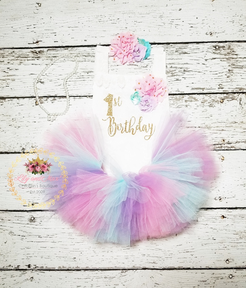 1st Birthday girl Outfit, pink aqua lavender birthday tutu, 1st birthday Romper, pastel birthday set, 1st birthday unicorn smash cake outfit image 3