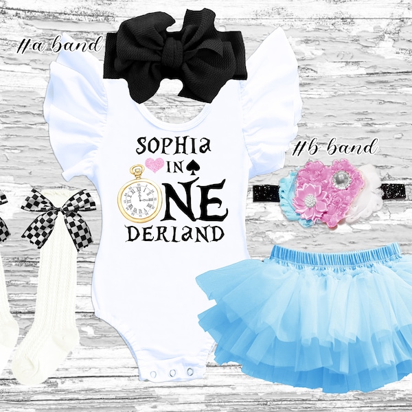 Alice In ONEderland Birthday Outfit: Leotard, Blue Tutu, red flower Headband & Socks, Black bow