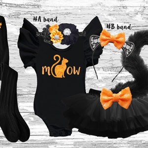 Cat girls outfit, Halloween Cat meow tutu bloomer outfit, Halloween cat party smash cake outfit, Black cat meow flutter sleeve leotard