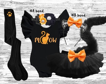 Cat girls outfit, Halloween Cat meow tutu bloomer outfit, Halloween cat party smash cake outfit, Black cat meow flutter sleeve leotard