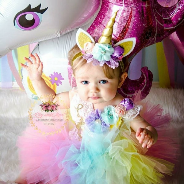 Unicorn Birthday Outfit, Unicorn headband, Unicorn Birthday tutu set, Unicorn Romper, Rainbow unicorn set, Unicorn Girls Costume