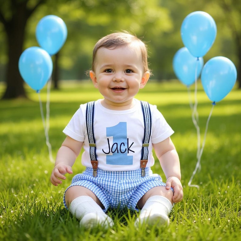 1st Birthday Boy Outfit: Seersucker Shorts, Bodysuit & Suspenders image 11