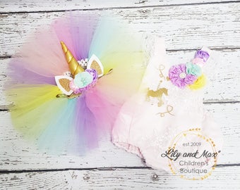 Unicorn Birthday Outfit, Unicorn headband, Unicorn Birthday tutu set, Unicorn Romper, Rainbow unicorn set, Unicorn Girls Costume