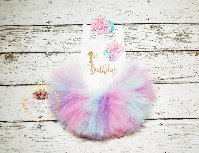 1st Birthday girl Outfit, pink aqua lavender birthday tutu, 1st birthday Romper, pastel birthday set, 1st birthday unicorn smash cake outfit image 1