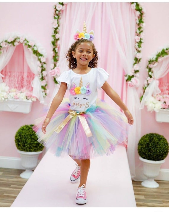unicorn birthday dress Girl's Rainbow Unicorn Birthday Outfit – Squishy Cheeks main image 1