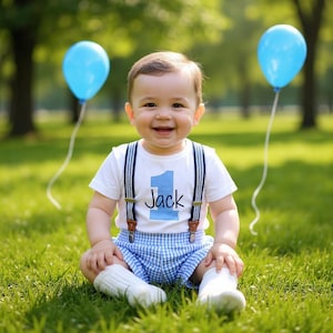 1st Birthday Boy Outfit: Seersucker Shorts, Bodysuit & Suspenders image 4