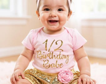 1/2 Birthday Girl Outfit: Gold Sequin Shorts, pink babe shirt