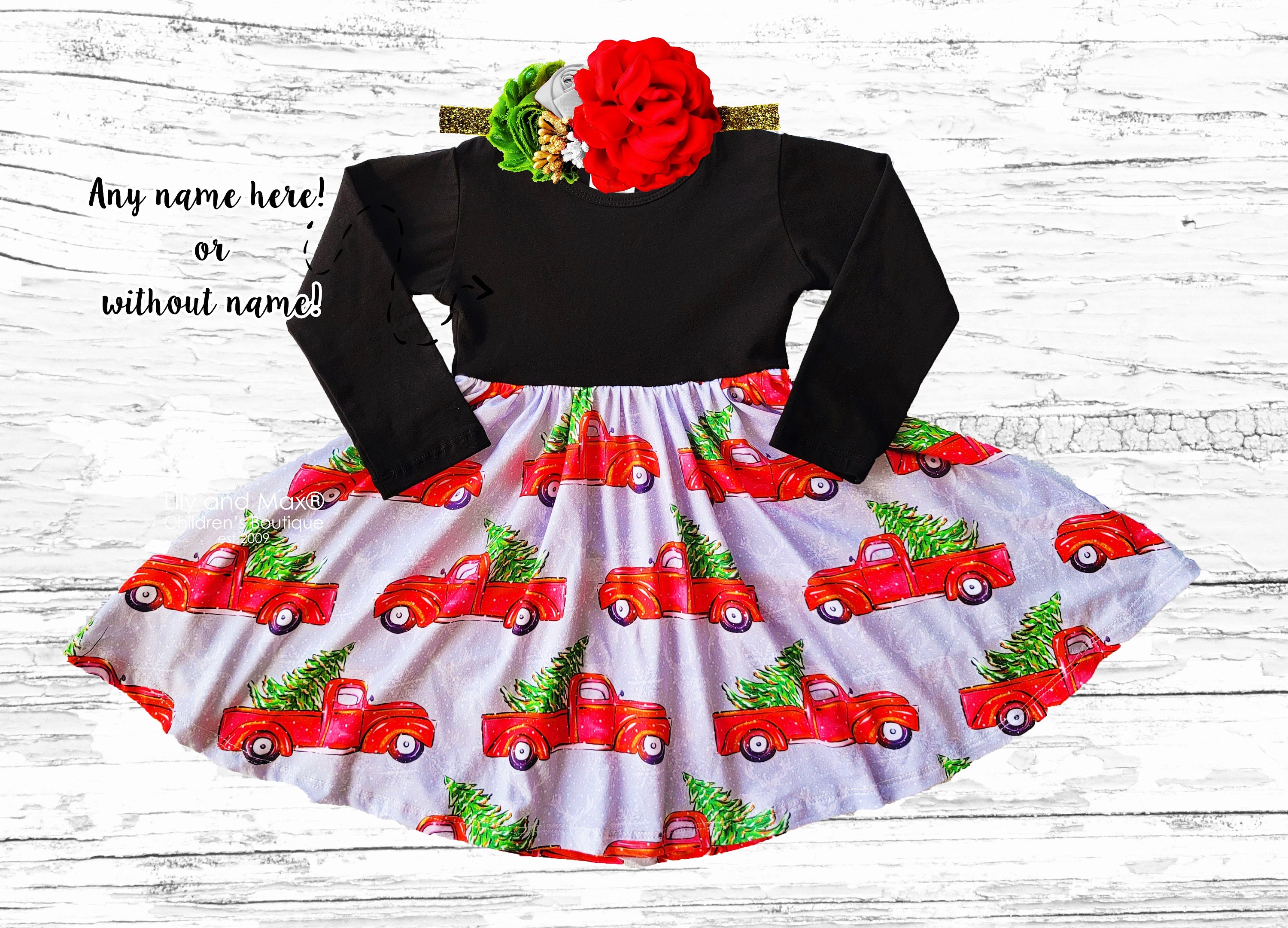 red truck christmas dress Red Truck Christmas Twirl Dress: Holiday Girl Outfit