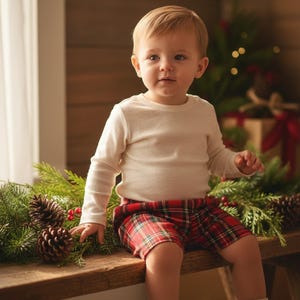 Baby Boy Shorts, Red Tartan Velvet High-Waisted Christmas Outfit