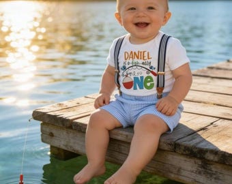 1st birthday boy Outfit: O-FISH-ALLY One Seersucker Shorts, Suspenders & Personalized Bodysuit