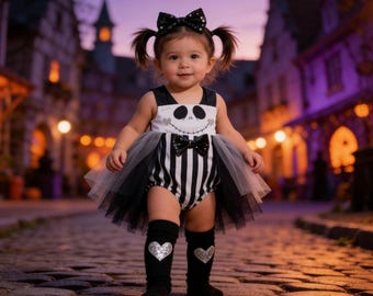 Girls Skeleton Romper Costume: Jack Silver Glitter Halloween Outfit