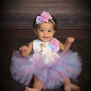 1st Birthday girl Outfit, pink aqua lavender birthday tutu, 1st birthday Romper, pastel birthday set, 1st birthday unicorn smash cake outfit
